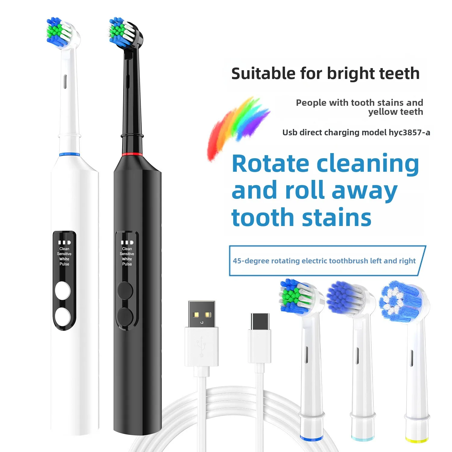 Wireless Rechargeable Fully Automatic Smart Electric Toothbrush for Adults Soft-Bristle Sonic with Pressure Sensor Rotating Head