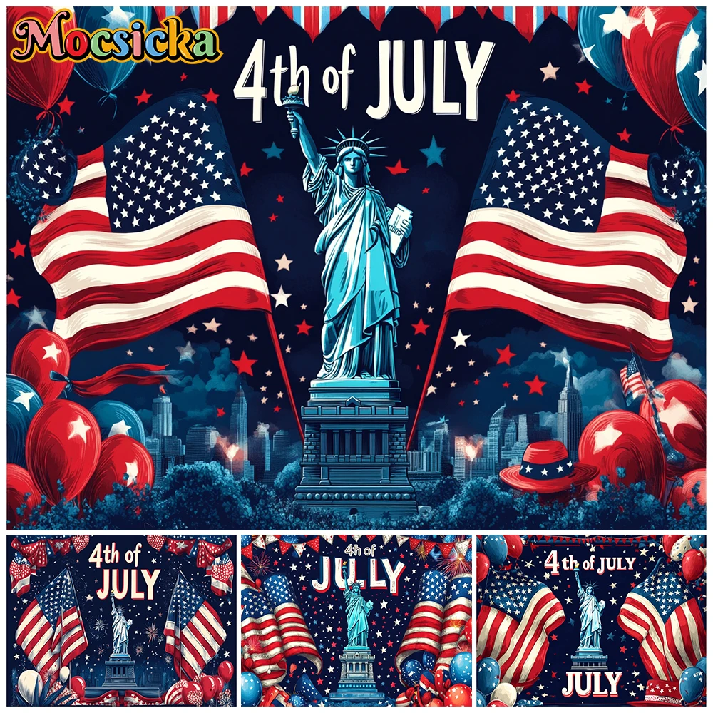 Mocsicka Statue Of Liberty 4th Of July Photo Backdrop American Flag Balloons Independence Day Patriotic Photography Backgrounds