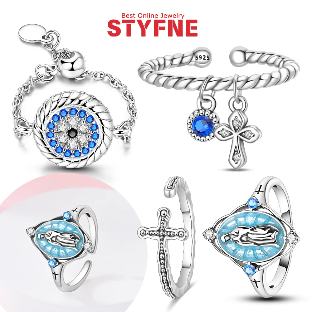 

925 Silver Rings Religious Series Retro Cross Eye of The Guardian Virgin Mary Opening Rings for Women Party Accessories Gift