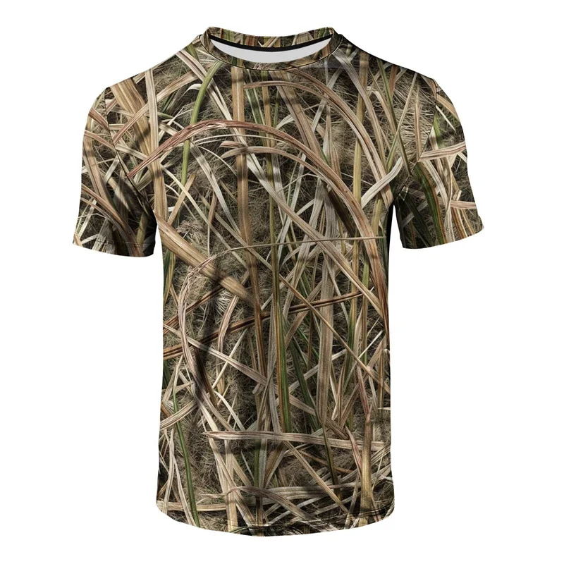 Men's Grass Camouflage Print T Shirt Casual Crew Neck Short Sleeve Tees Breathable Outdoor Tops for Hunting and Camping