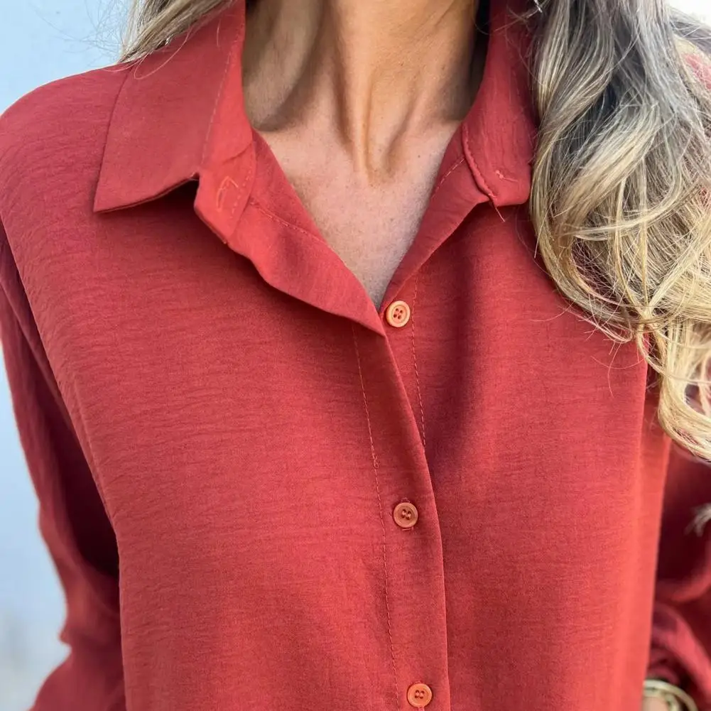 Women Ice Silk Wrinkles Shirt Lapel Lantern Long Sleeve Single Breasted Office Work Tunic Tops Casual Loose Blouse