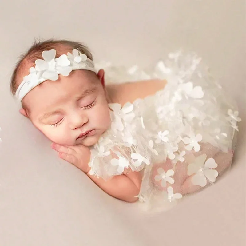 Newborn Girl Photography Outfits Embroidery Flower Romper with Headband Baby Photo Shooting Clothes
