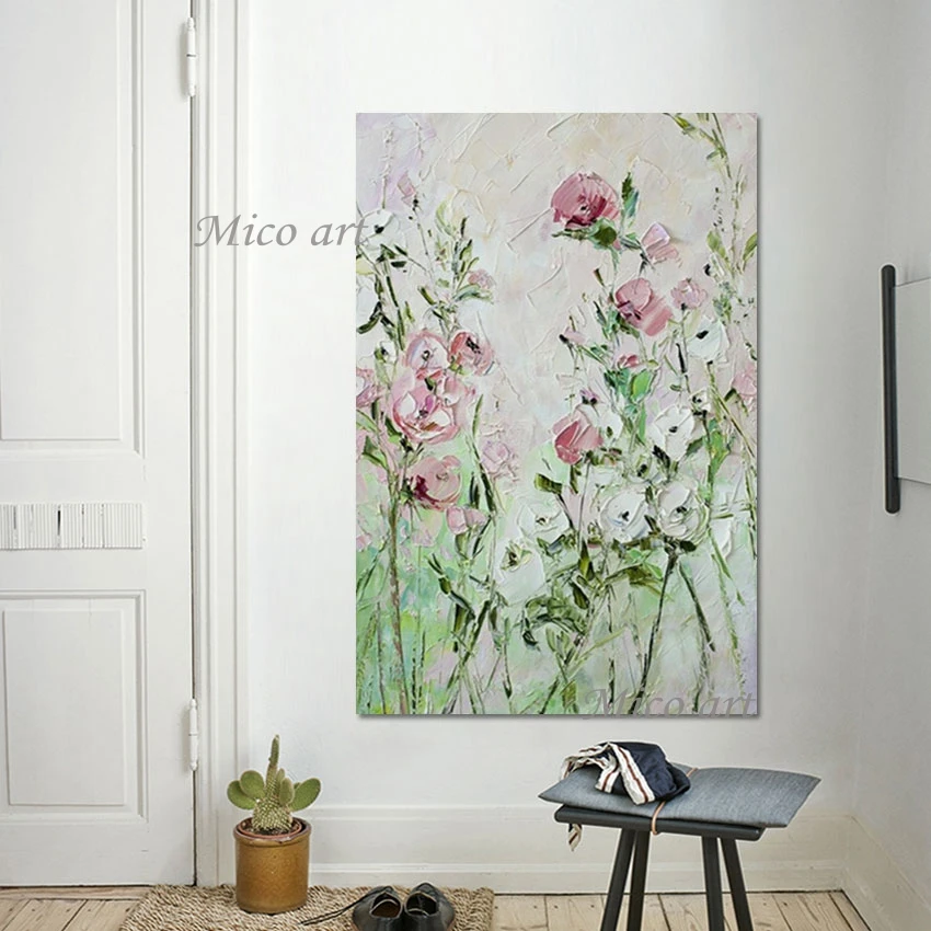 Palette Knife Oil Painting Pink Acrylic Flower Landscape Hand Drawing Picture Artwork Frameless Abstract Canvas Art Floral Wall