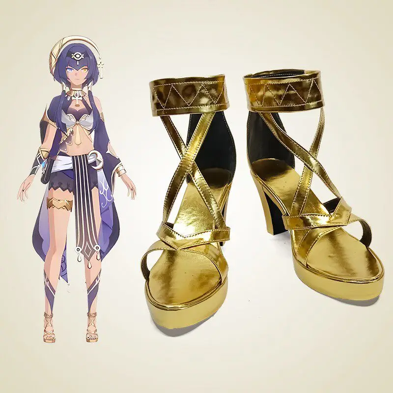 Anime Genshin Impact Candace Cosplay Shoes Golden High Heels Short PU Leather Boots For Halloween Carnival