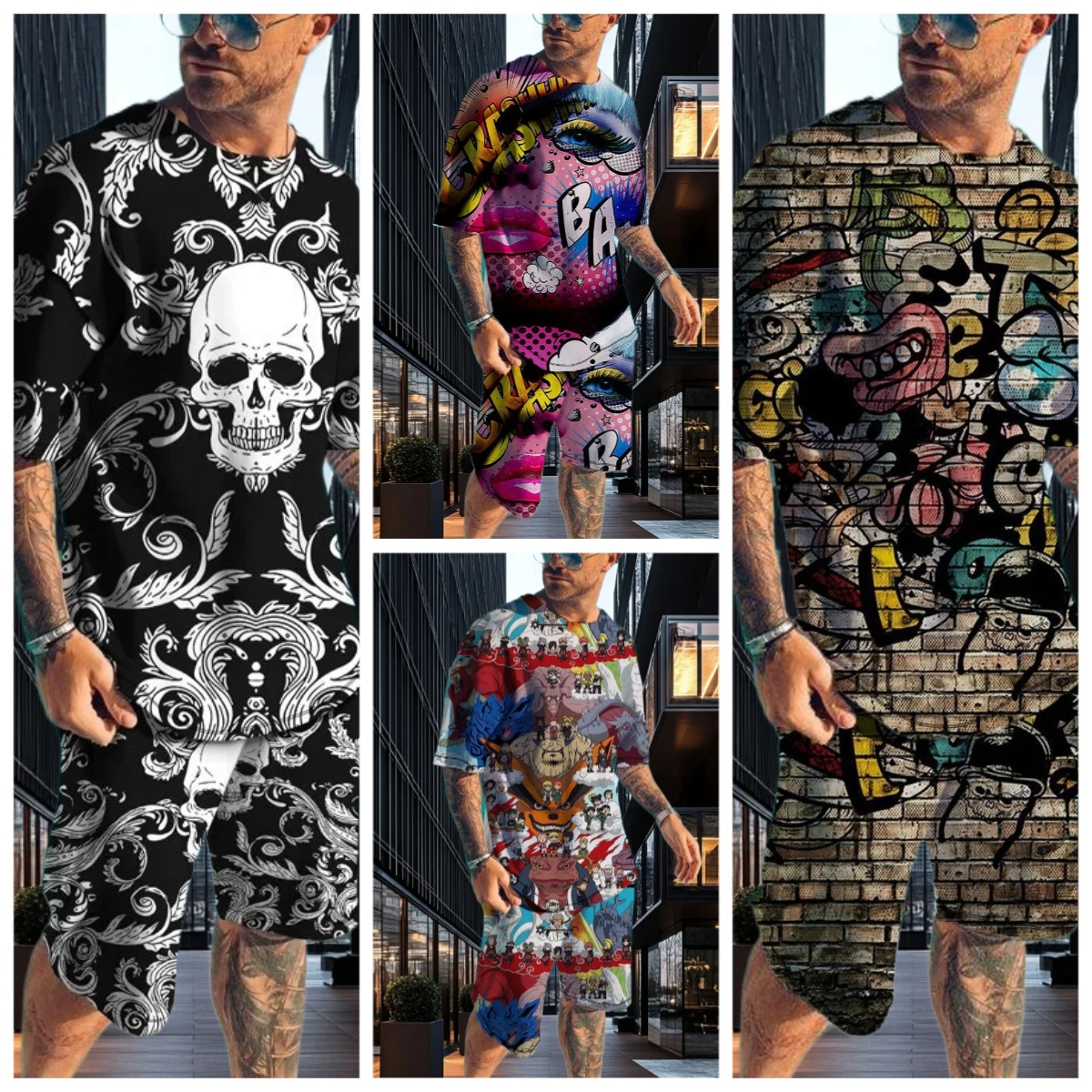 

25/26 New Summer Skull Graffiti 3D Printing Set Fashion Street Trend Style Street Drawstring Shorts T-shirt T Set Two Piece Set