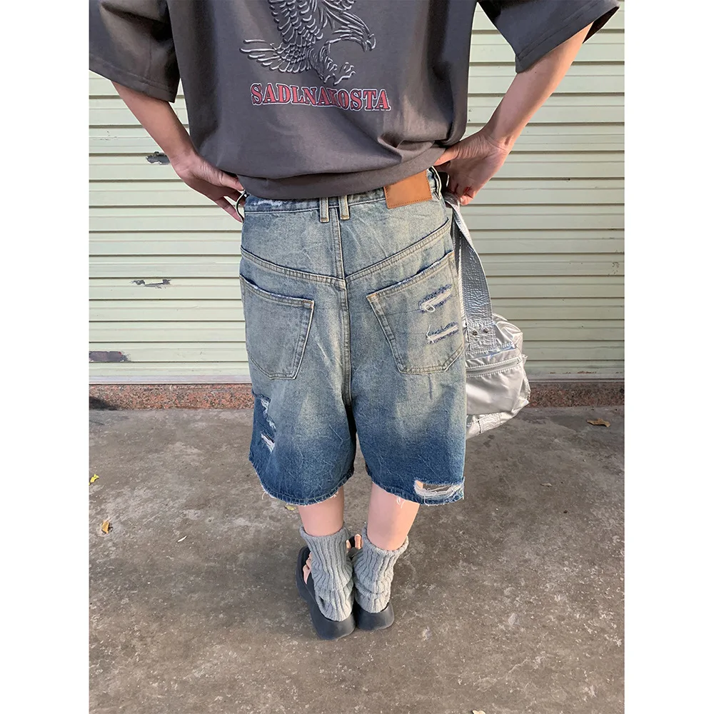 Hole Jeans Women Knee Length Wide Leg Pants Ripped Straight Mid Waist Washed Distressed Shorts 2025 Summer Streetwear Denims