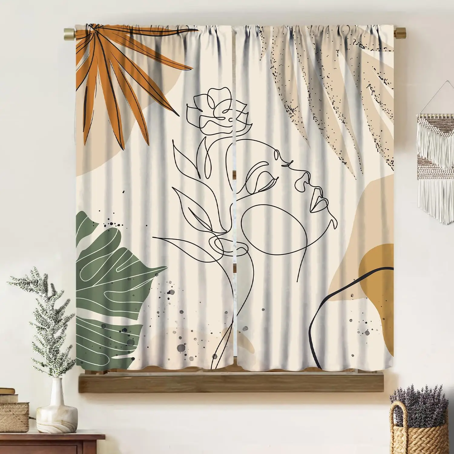 

Винтажные шторы в стиле бохо, абстрактные минималистичные линии, портретные листья, искусство, оранжевый, зеленый, бежевый, затемняющий теплоизоляционный карман для стержня