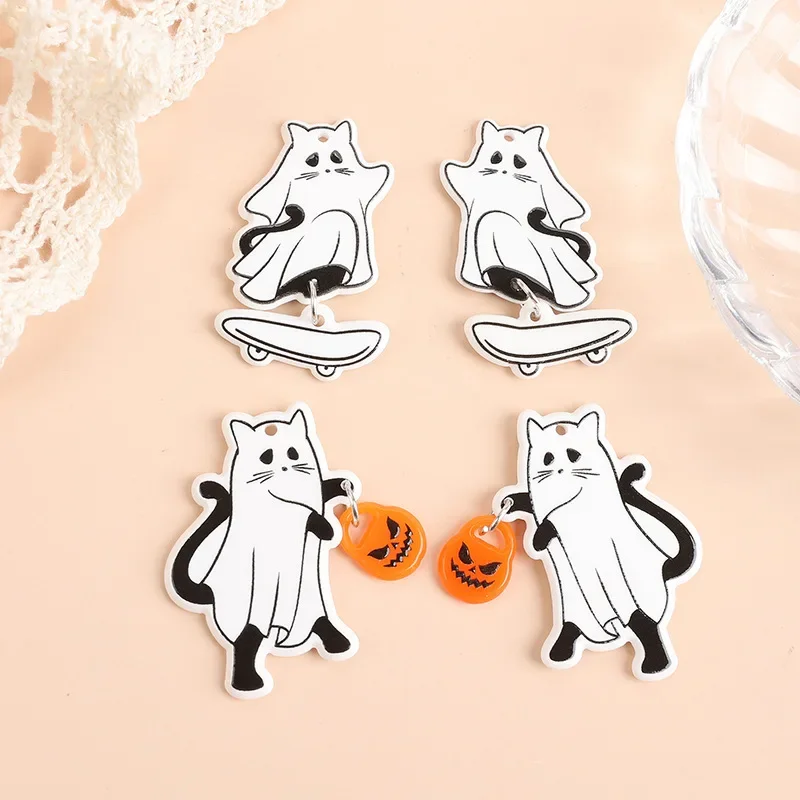 Double Sided Acrylic Skateboarding Ghost Pendant Epoxy Halloween Pumpkin Charm for DIY Jewelry Making Accessories 6PCS