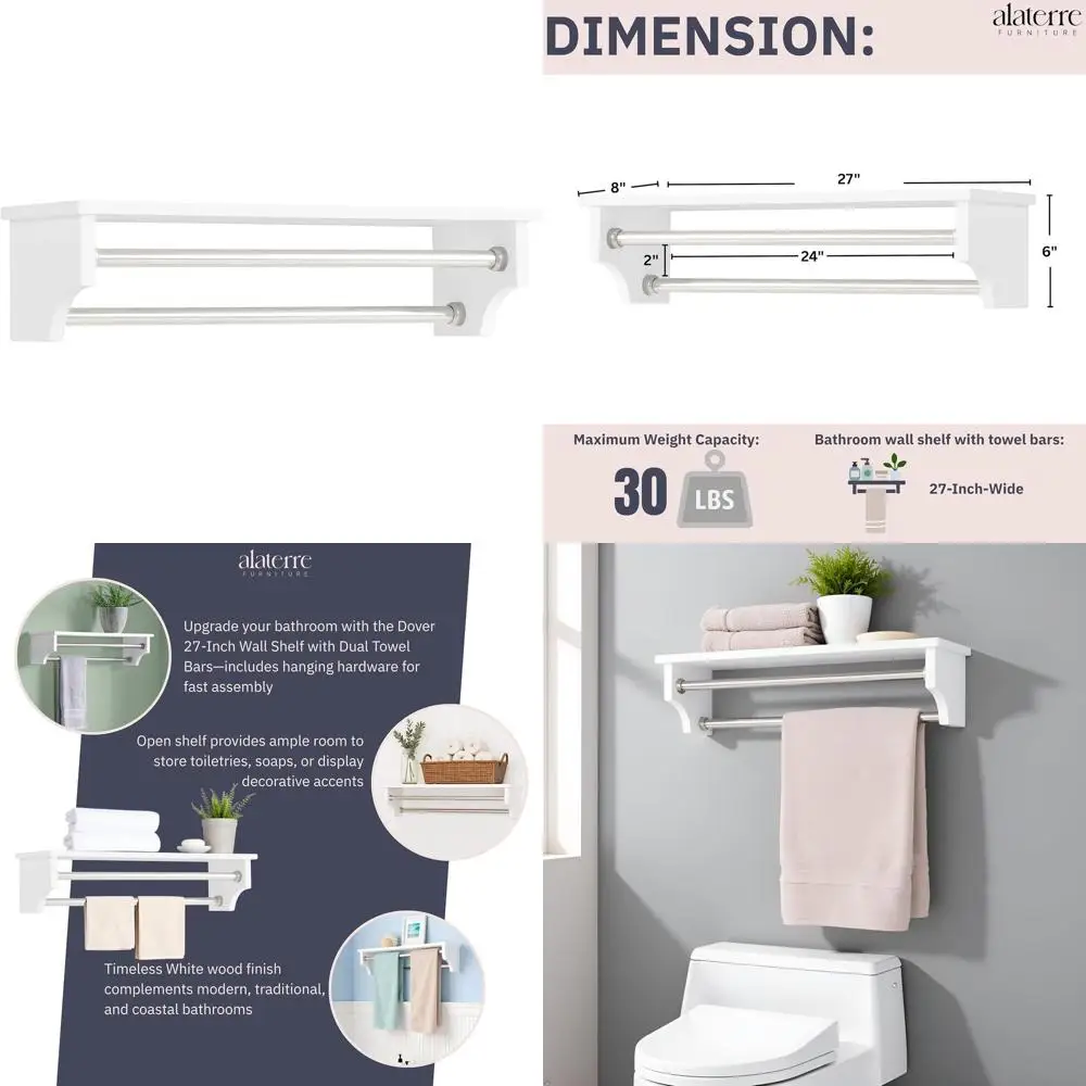 

27-Inch White Floating Bathroom Wall Shelf with 2 Towel Bars for Over Toilet Storage