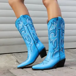 Purple Blue Embroidery Pointed Toe Chunky High Heels Women Winter Shoes Stitching Cowboy Western Mid-calf Boots Big Size 48 47