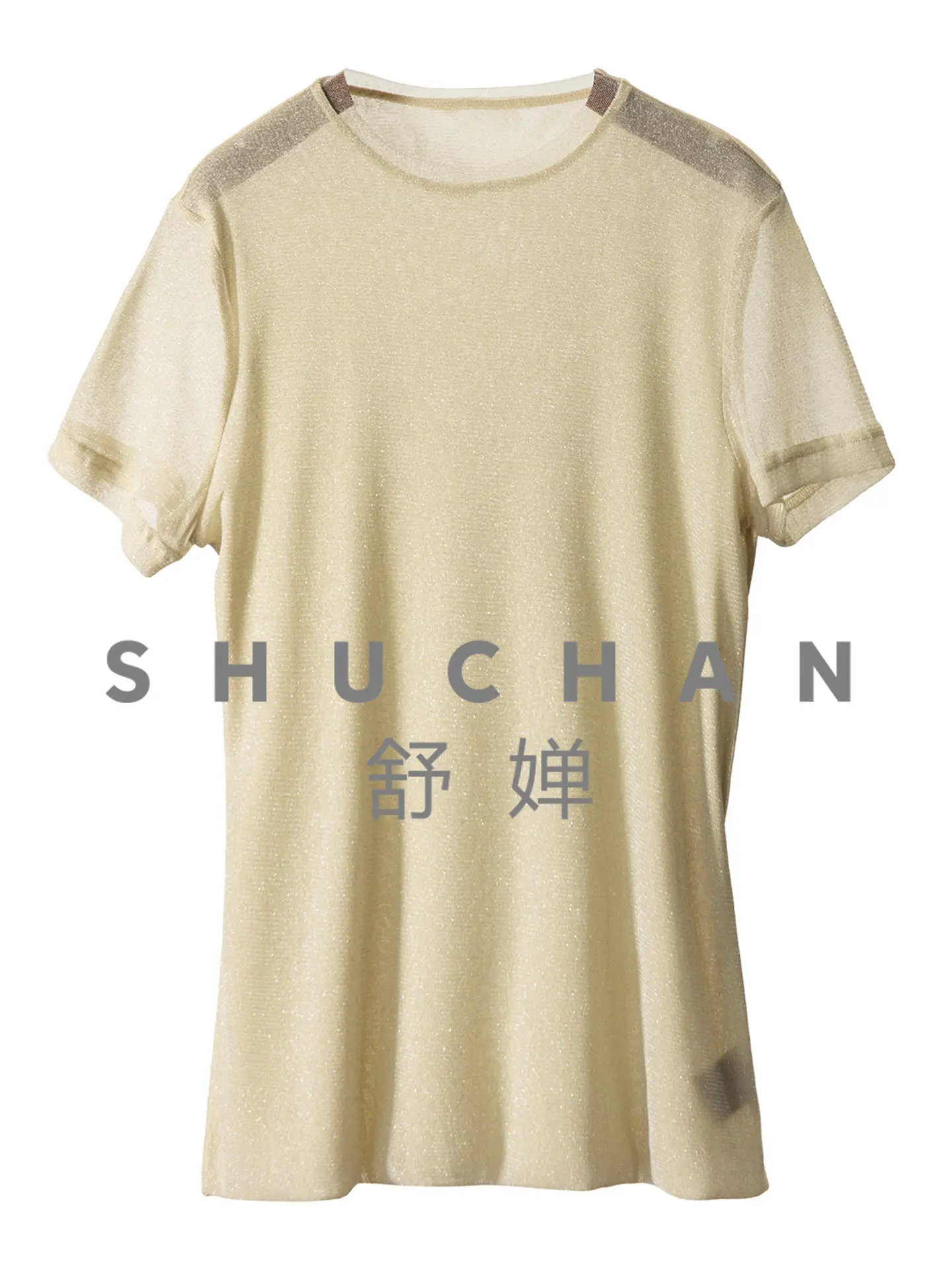 Atmosphere Seals The Gods, Micro-flashing Silver Silk Round Neck Short-sleeved Double-layer Mesh T-shirt  Women's 45G2