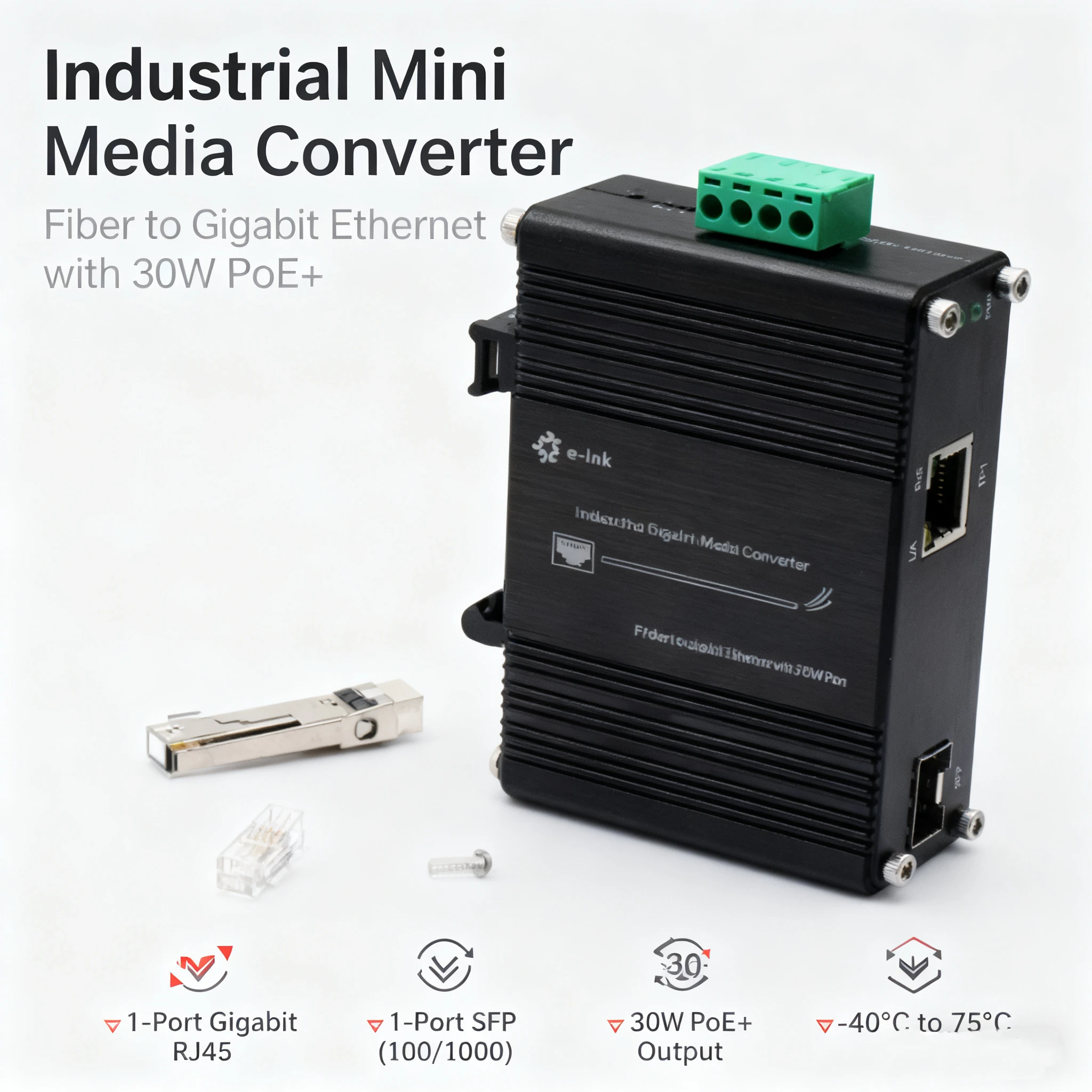 

E-link LNK-IMC1200G-SFP Мини-промышленный преобразователь 100/1000BASE-X SFP в 10/100/1000BASE-T 30 Вт PoE+ полнодуплексный/полудуплексный медиаконвертер