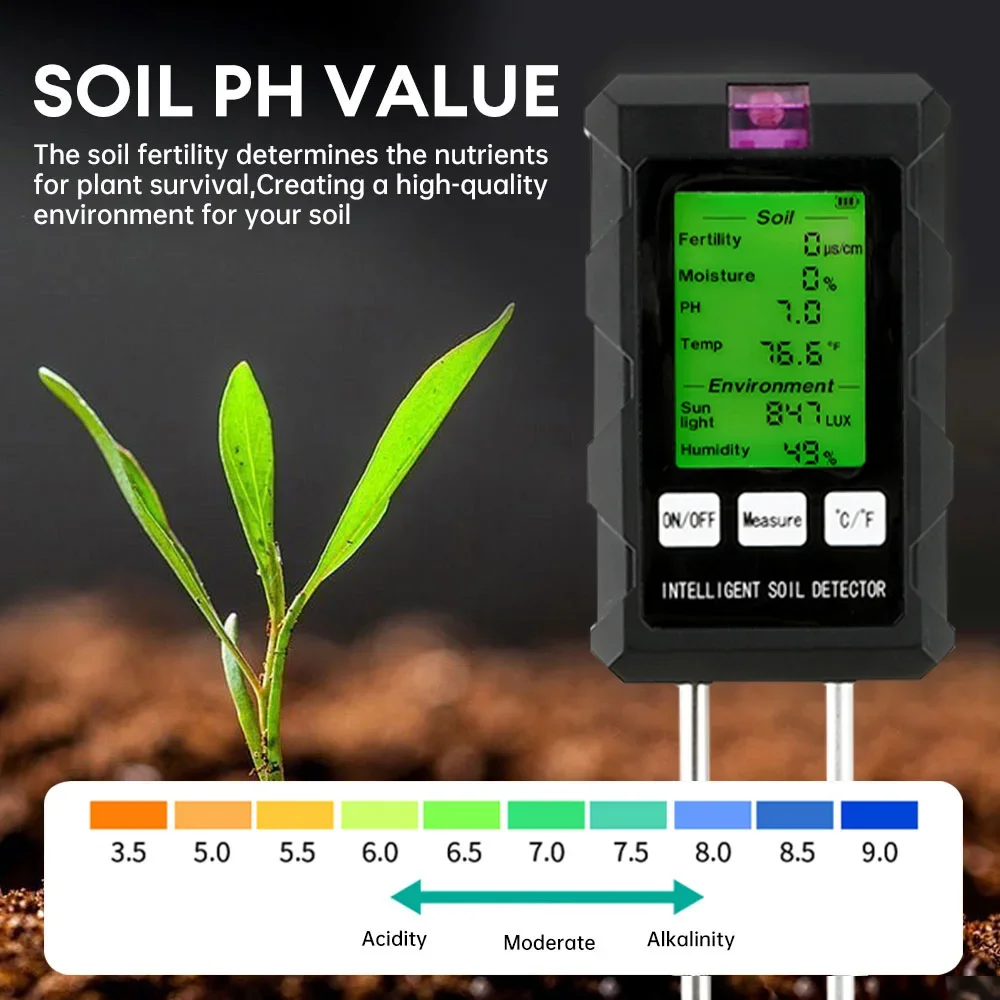 Testador digital de solo para pH/umidade/temperatura com LCD retroiluminado, leitura rápida, desligamento automático para jardinagem, estufa, agricultura, vasos de plantas