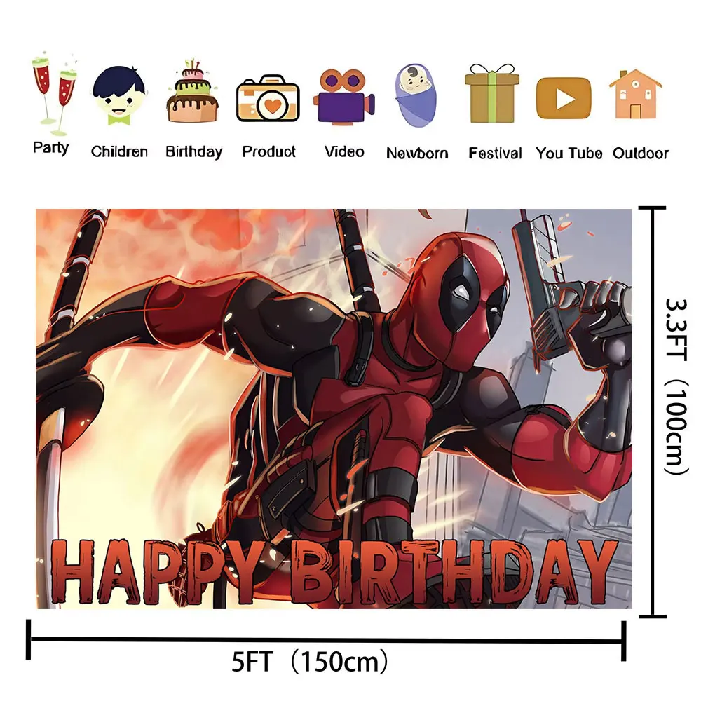 Undead Deadpool Theme Happy Birthday Party Vinyl Background Banner Baby Shower Decoration Photography Prop Supplies Boy Gift