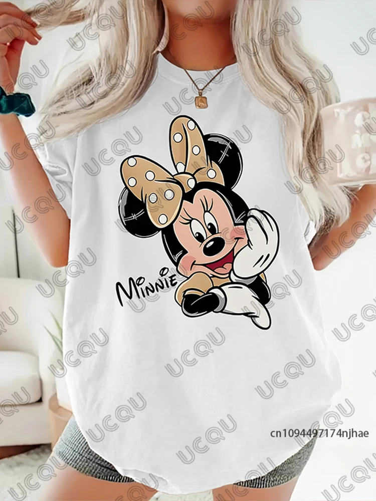

Новая летняя футболка с принтом Диснея и Минни для женщин, хлопковые футболки с короткими рукавами и круглым вырезом, повседневные топы для пар большого размера