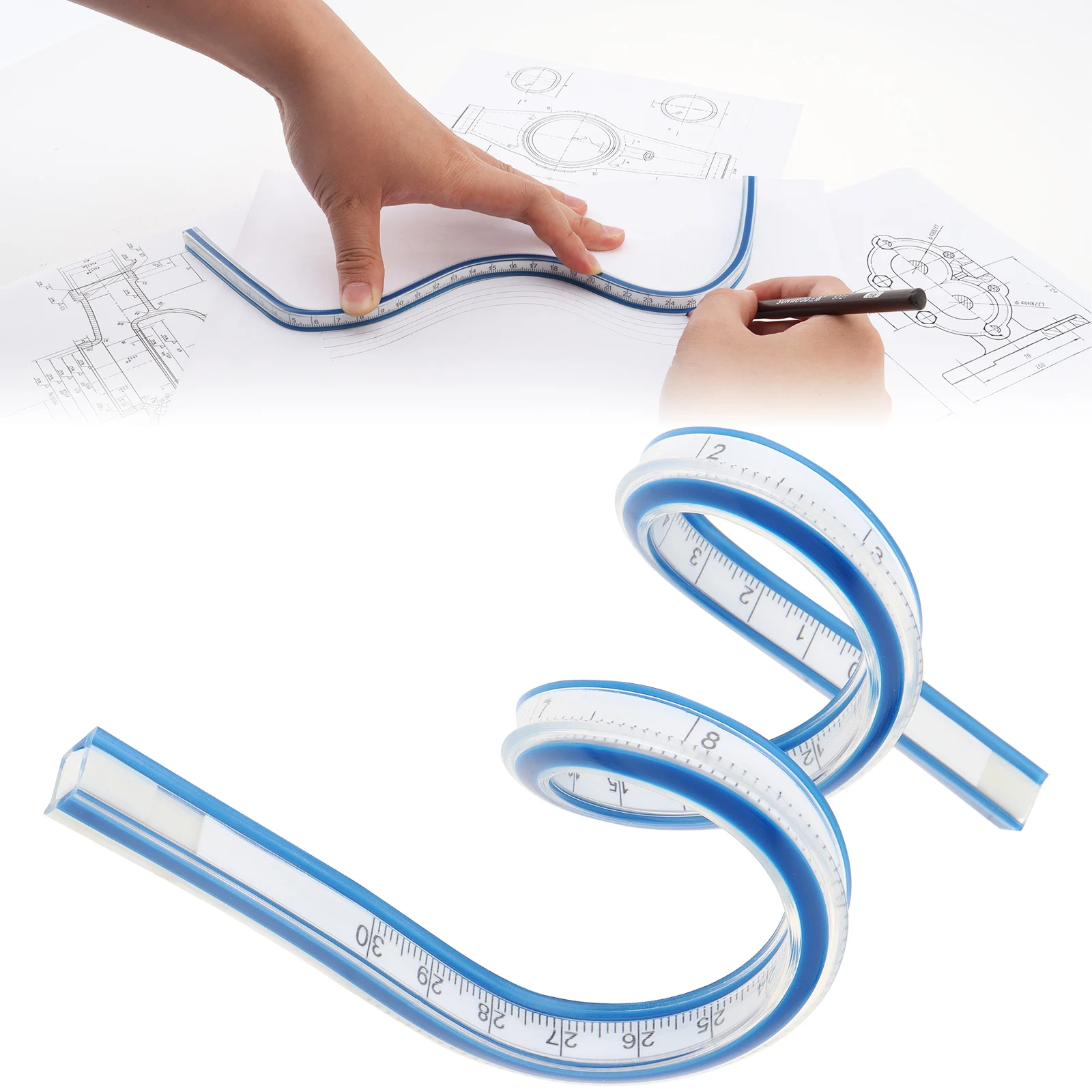 30cm Flexible Scale Curved Ruler Drafting Drawing Tool Serpentine Plastic School Office Supplies for Sewing/Engineering Drawing