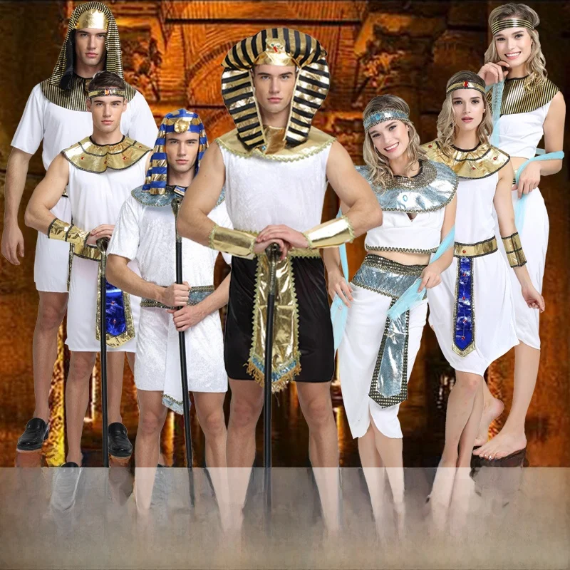 زي تنكري للهالوين للبالغين، زي الفرعون والملكة والملك، ملابس تقليدية للمسرح للنساء والرجال مصنوعة من البوليستر