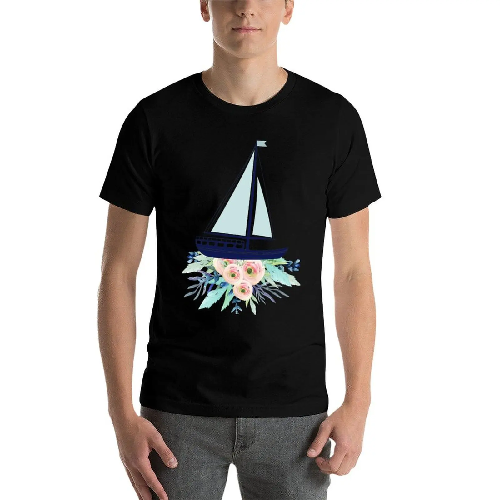 

Watercolor flowers and sailboat T-Shirt men t shirt cotton 100% t shirt man luxury t shirts for man graphic tees T-Shirt