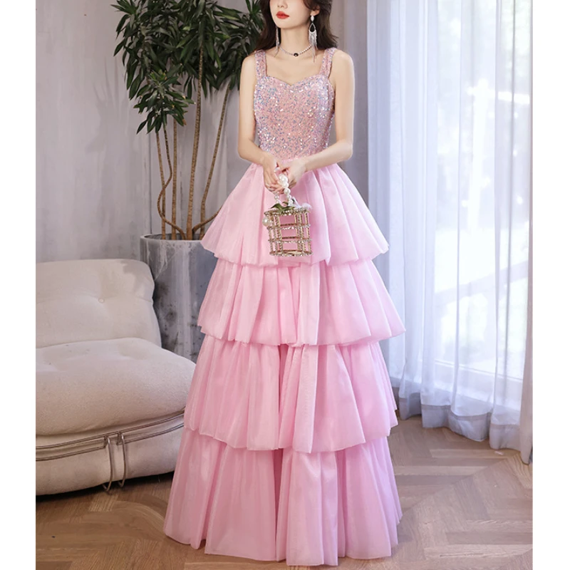 Vestido de noche rosa con lentejuelas y tirantes para mujer, falda larga de pastel con temperamento, elegante, de cintura alta, para fiesta y graduación, 2024