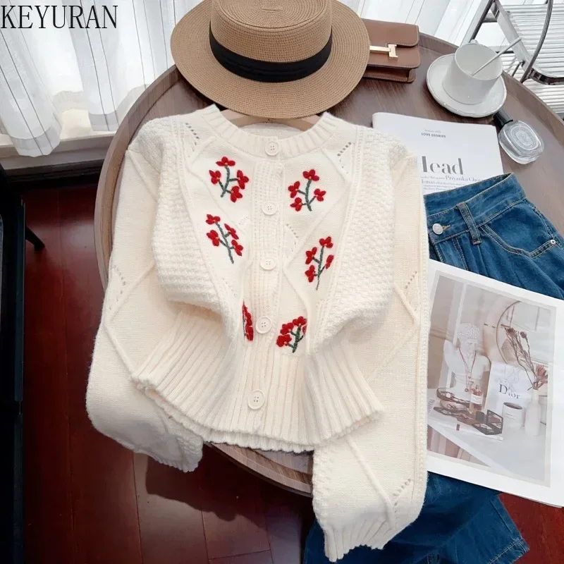 Vintage Floral Embroidery Sweater Coat Women 2024 Autumn Winter Korean Fashion O-Neck Long Sleeve Cropped Knitted Cardigan Tops