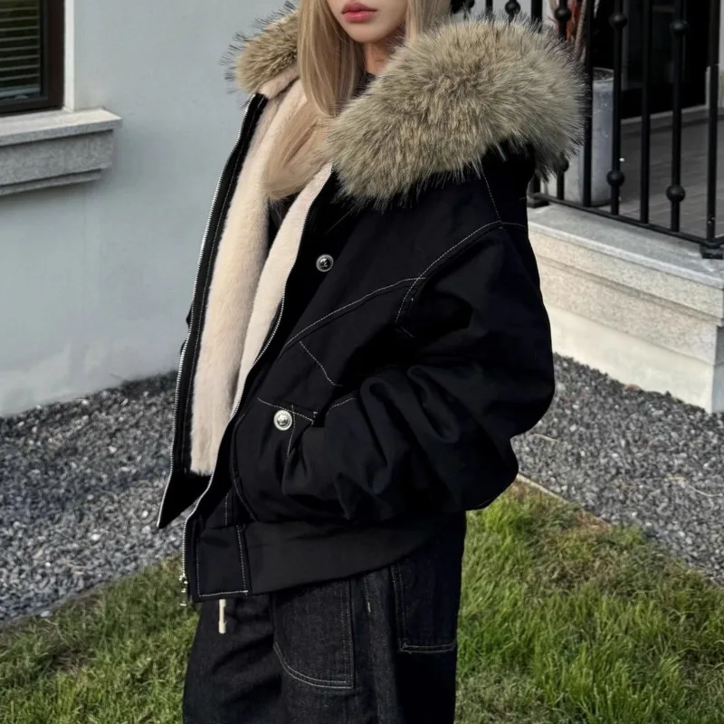 Winter Plush Warm Sweatshirts Men Women Retro Simple Zipper Coat Sportswear American Loose Hooded Cotton Punk Fur Collar Jacket