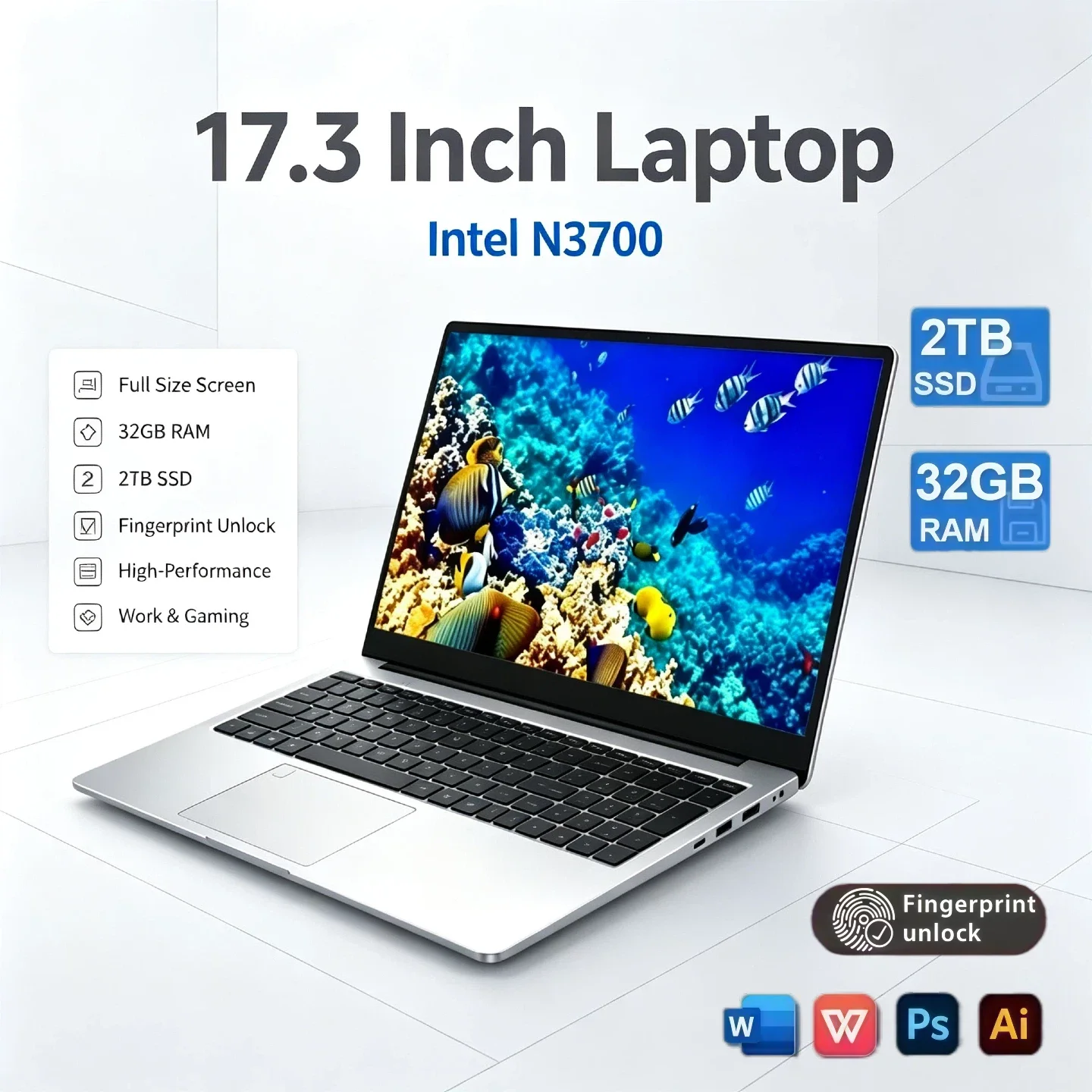 Intel N3700 High Performance Pro 32GB RAM 2TB SSD 17.3 Inch Full Size Laptop Fingerprint Unlock Work Gaming Notebook