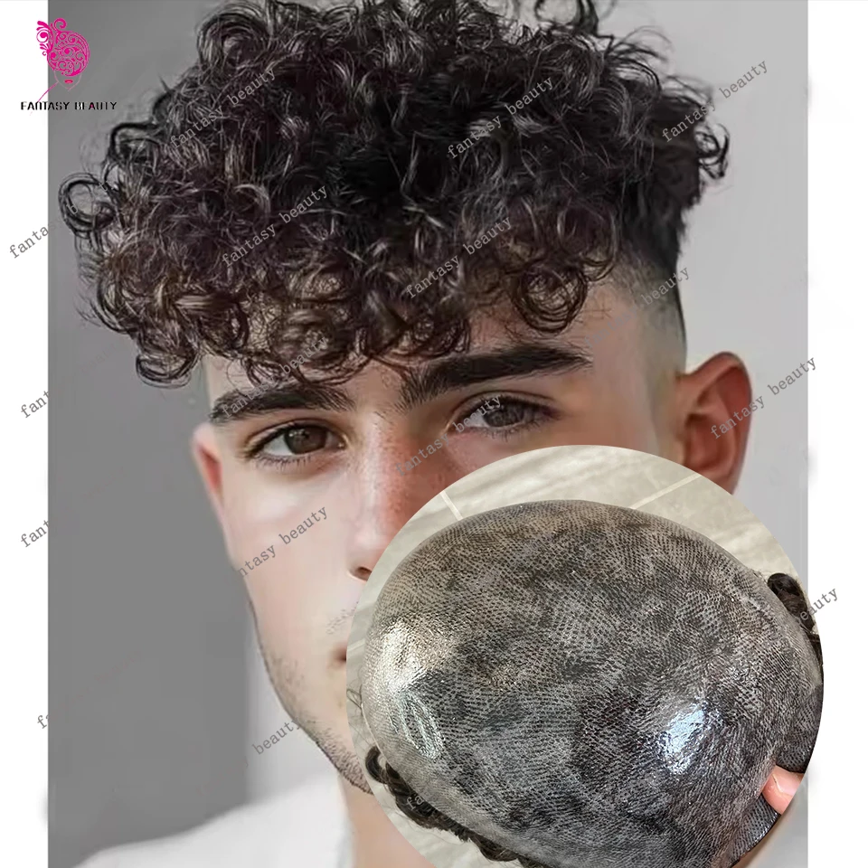 

15 мм афро вьющийся мужской протез черный прочный тонкий микрокожа мужской парик естественная линия волос мужской незаметный плетение парик из человеческих волос