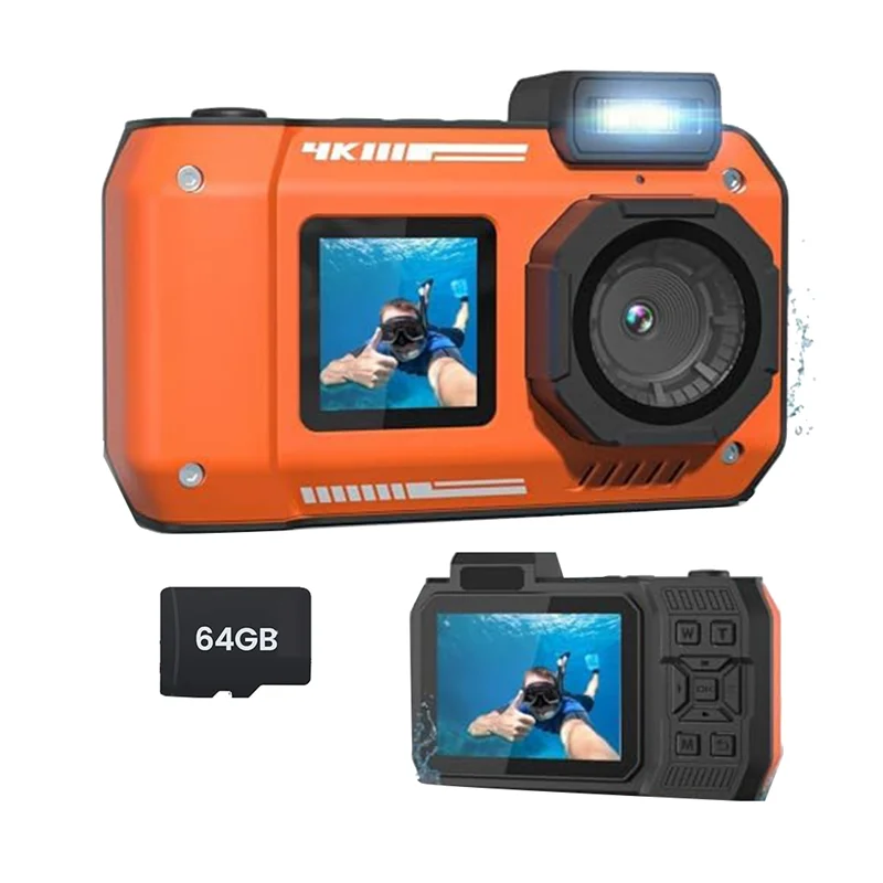AED7-Waterproof Camera 4K 65MP Underwater Camera With 64G Card, For Snorkeling Autofocus Selfie Dual-Screen