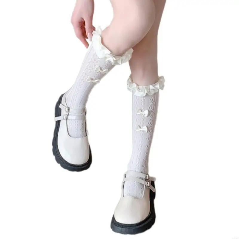 

270D Japanese Aesthetic Hollowout Mesh Over Calf Socks with Bowknot Striped Patterned Ruffle Trim Middle Tube Socks for Women