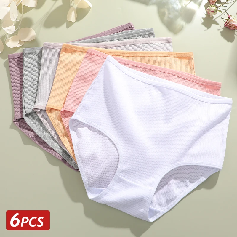 6PCS Frauen Baumwolle Höschen Mid Rise Strech Briefs Weibliche Elastizität Unterwäsche Rippen Bequeme Dessous S-2XL Große Größe Pantys