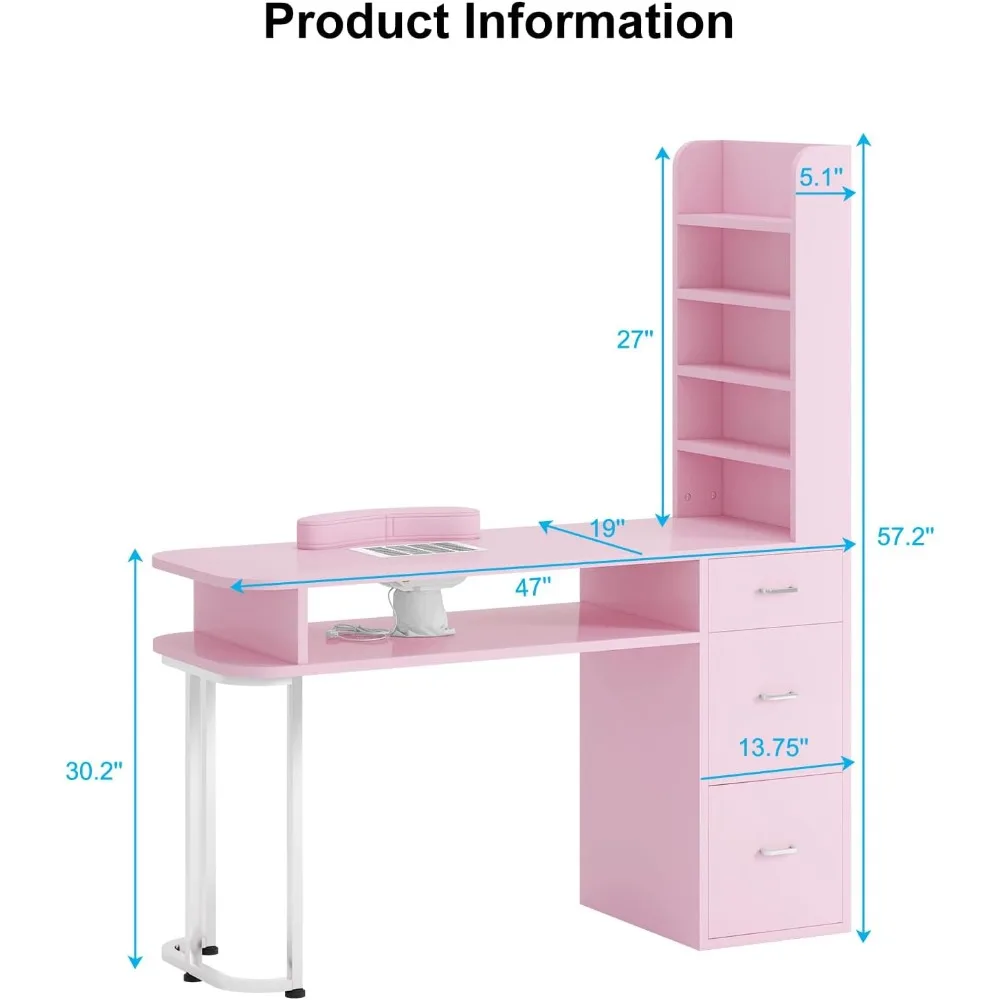 طاولة مانيكير TABU، محطة أظافر احترافية كبيرة لتقنية الأظافر مع خزانة جانبية وأدراج كبيرة، محطة عمل أظافر مع Dus #2