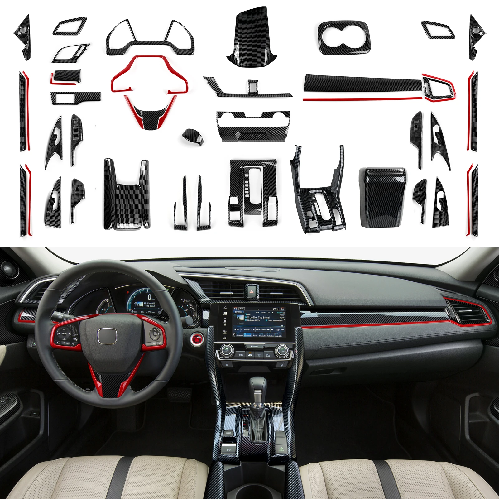 Para honda civic 10th gen (2016 -2021) acessórios interiores, painel de mudança de engrenagem do console central do carro, adesivo de guarnição abs de fibra de carbono