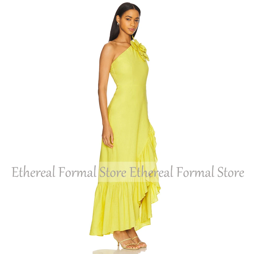 Beauty One Shoulder Evening Dress With Flower Mermaid Yellow Prom Gown For Wedding Ankel Length Ruffles Formal Slit Party Dress