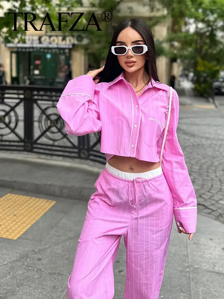 TRAFZA 2024 Female Street Fashion Pink Stripe Pant Suit Long Sleeves Lapel Cropped Blouse+Drawstring Patchwork Wide Leg Pants