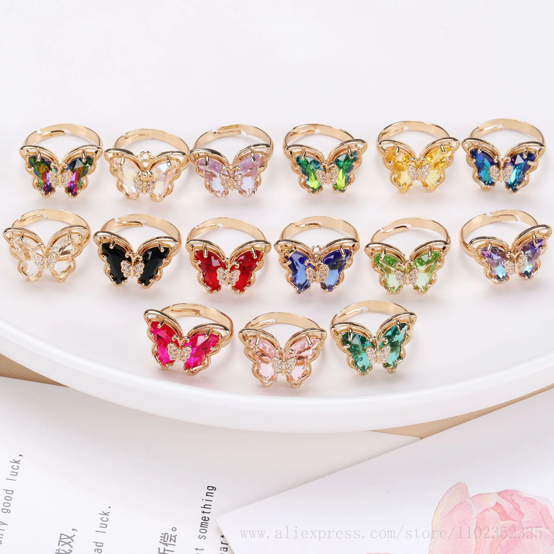 Glass Butterfly Copper Ring Resizable Colorful Crystal Butterfly Gold Plated Brass Rings For Women's Party Jewelry 10pcs/ Bag