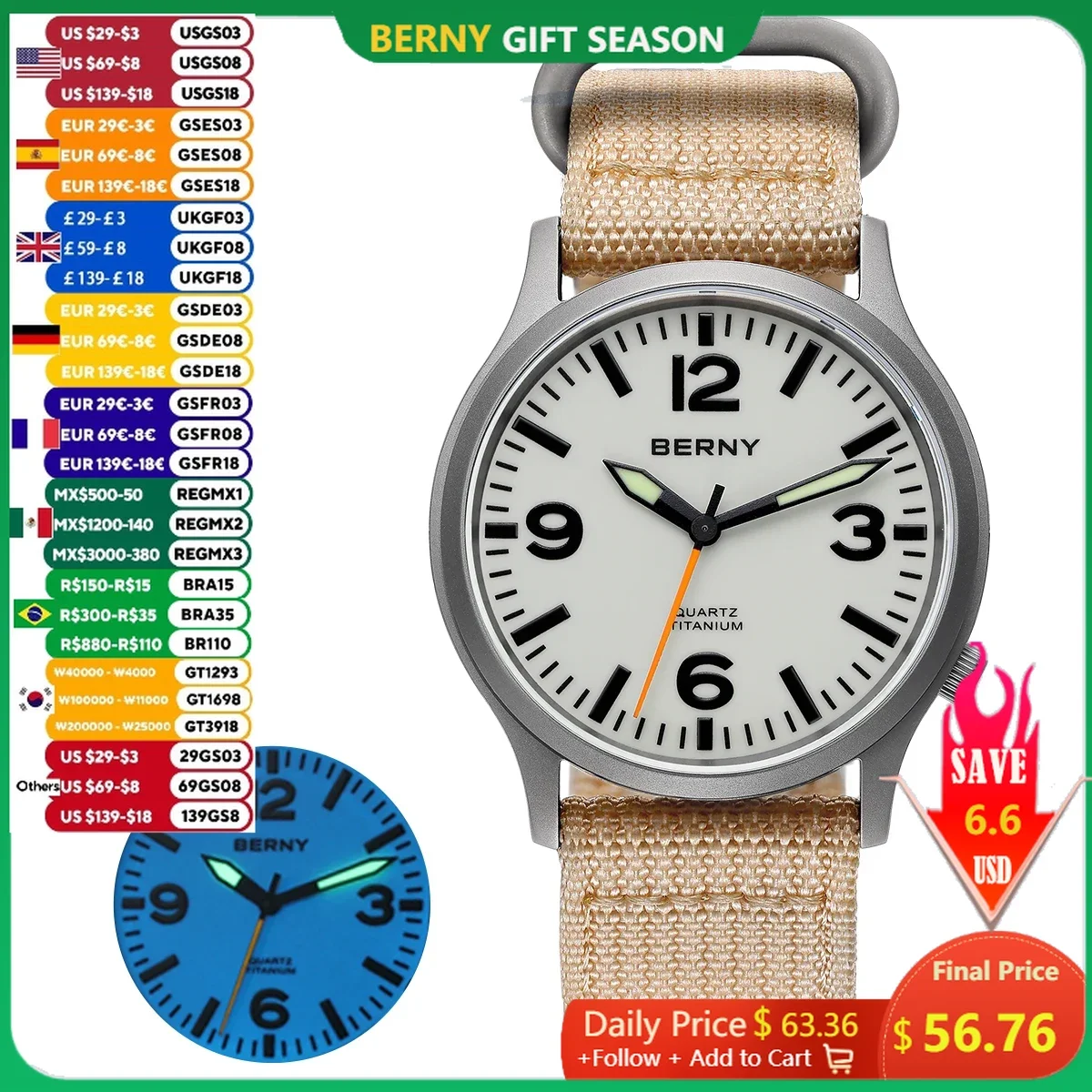 Relojes BERNY de titanio para hombre, reloj de cuarzo deportivo con campo de zafiro, Esfera luminosa completa, reloj de pulsera piloto resistente al