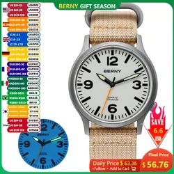 Relojes BERNY de titanio para hombre, reloj de cuarzo deportivo con campo de zafiro, Esfera luminosa completa, reloj de pulsera piloto resistente al agua para exteriores