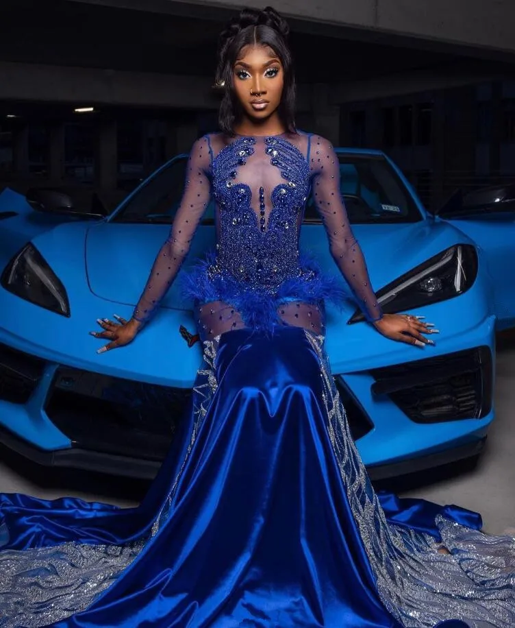 Robe de bal sirène africaine bleu roi, sur mesure, manches longues, cristal, diamant, plumes, robe de soirée pour filles noires