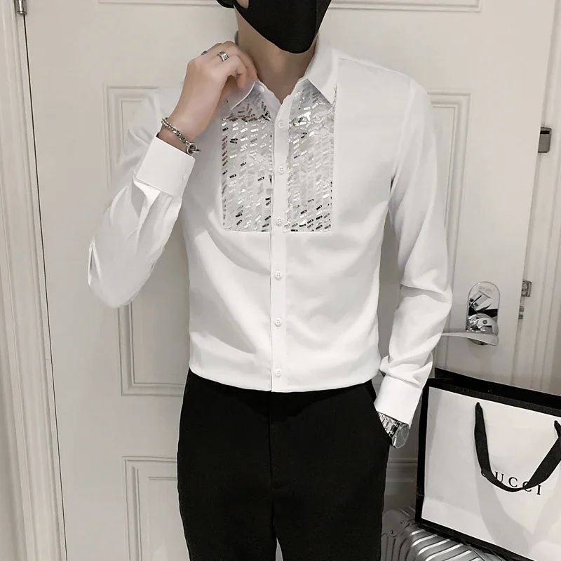 2023 Sequin Stitching Men\'s Shirt Long Sleeve Slim Casual Shirt Social Party Tuxedo Men Clothing Streetwear Camisa Masculina