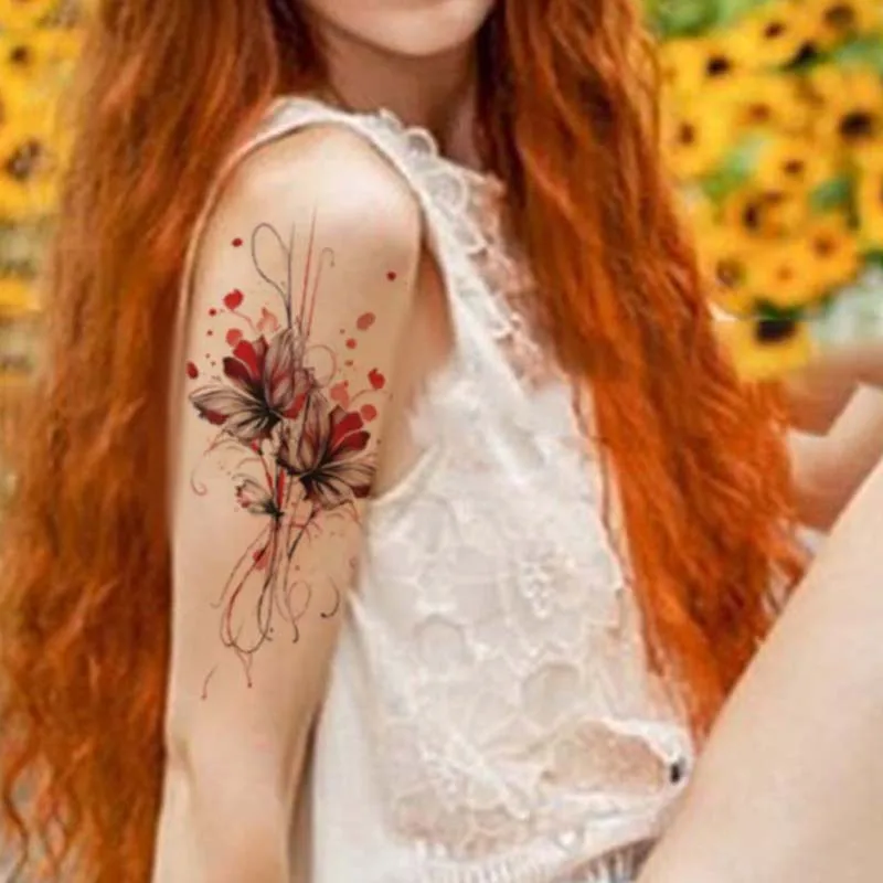 Red Flower Waterproof Temporary Tattoo for Waist and Arm, Long-Lasting, Realistic Fake Tattoo for Men and Women