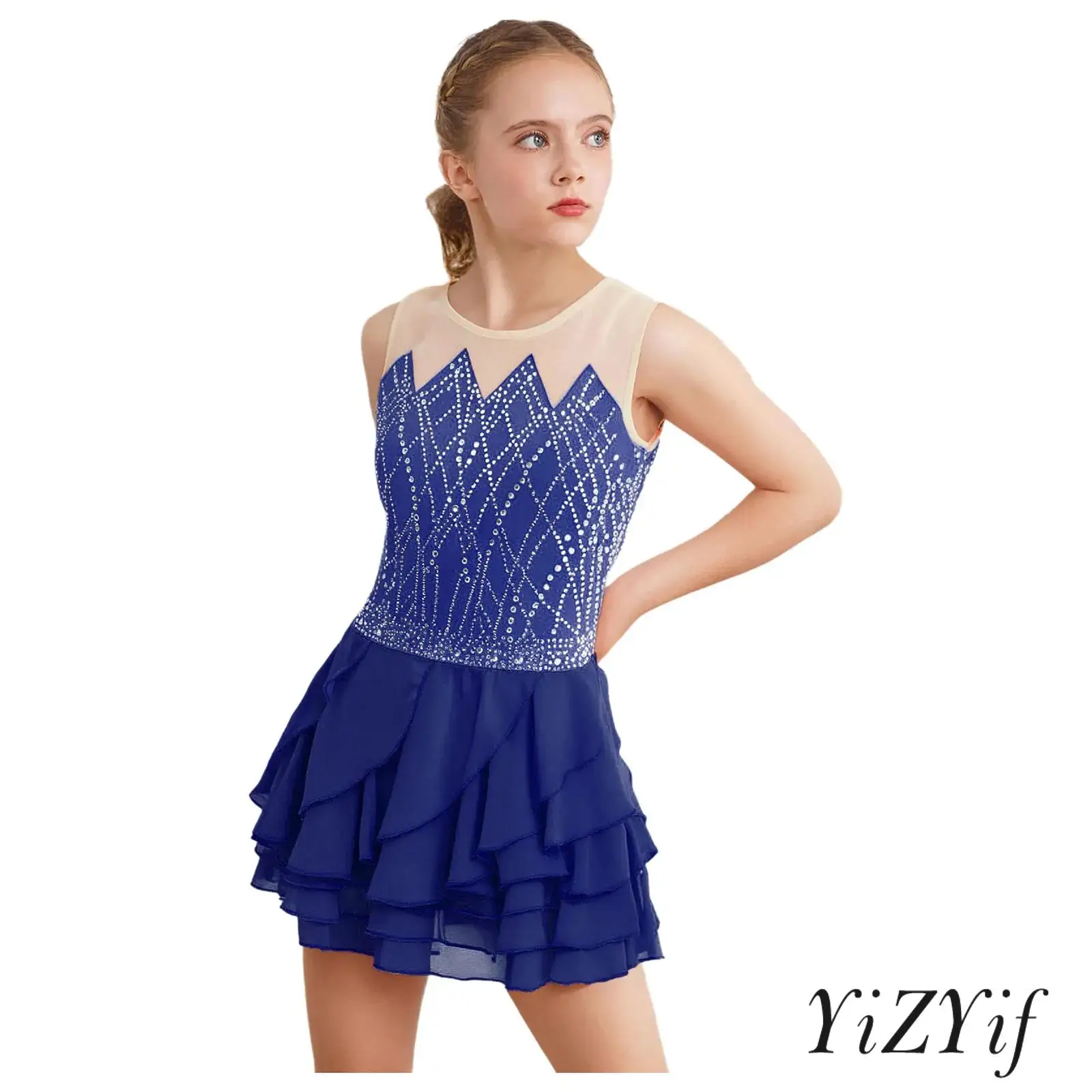 

Girls Modern Lyrical Dance Dress Breathable Press Button Leotard with Glittery Rhinestones for Class Recital Dance Competition