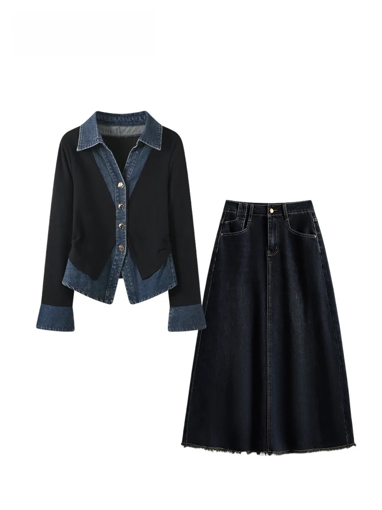 

Комплект из джинсов CaraCLUB больших размеров: женский весенний новый модный комплект с эффектом похудения, состоящий из лонгслива и юбки, свободного кроя, в студенческом стиле