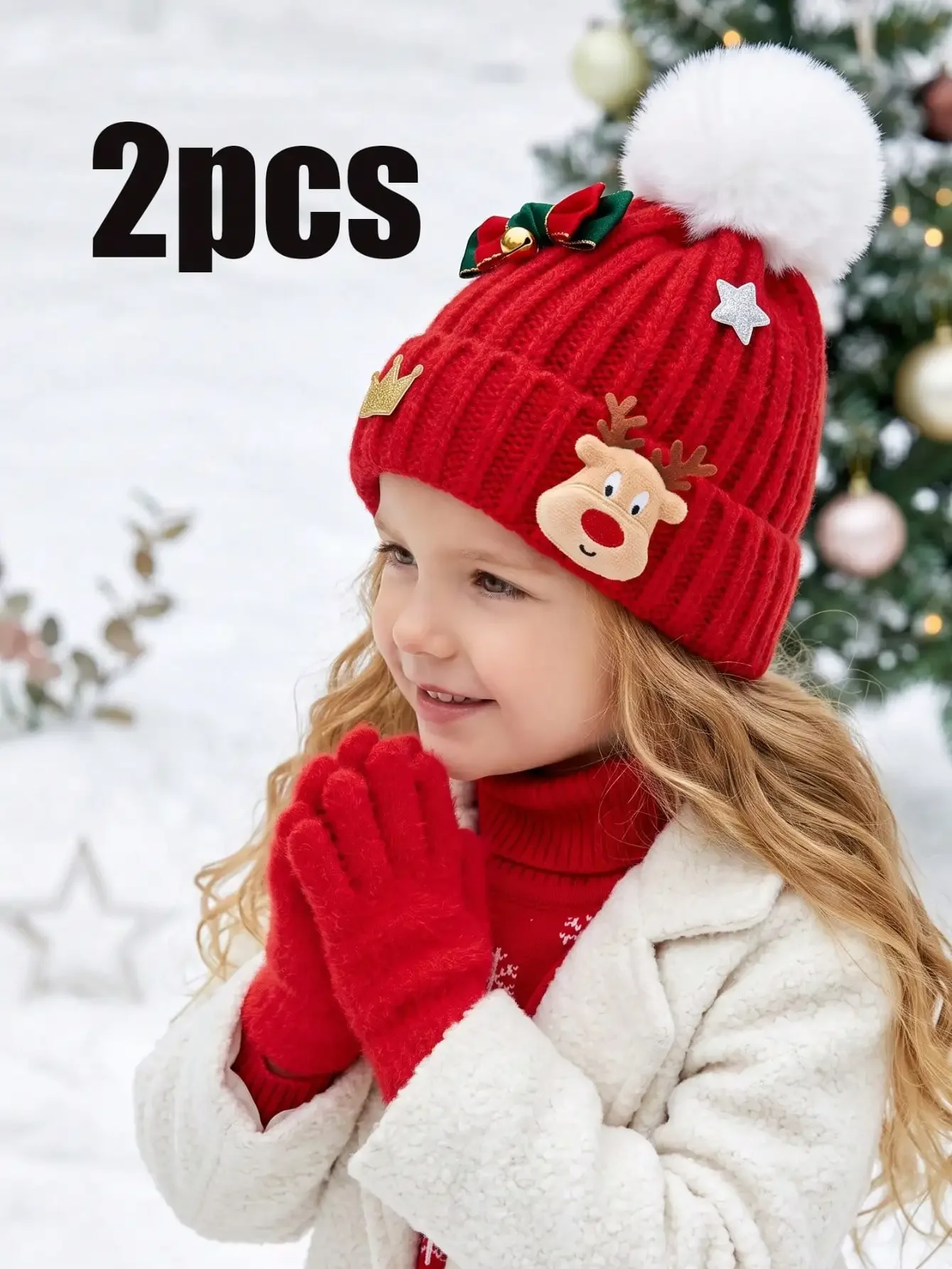 2pcs 2-6Y Kids Girls Cute Knitted Set, Bright Red Christmas Tone, Hat And Gloves 2 Pieces Kit, Lovely Present For Holiday