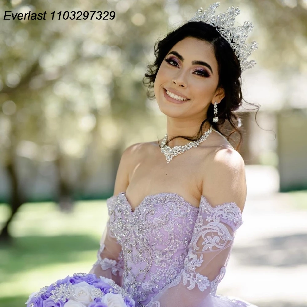 EVLAST индивидуальное сиреневое платье Quinceanera, бальное платье, блестящая кружевная аппликация, корсет из бисера и кристаллов, Sweet 16, Vestido De 15 Anos TQD934