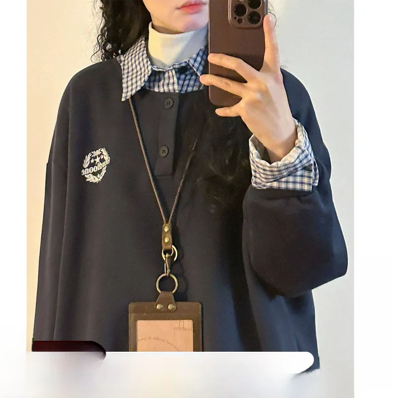 

Ретро-свитшот в стиле преппи с клетчатым пэчворком, женский, весенний, уличный стиль, с длинными рукавами, свободного кроя, повседневная одежда