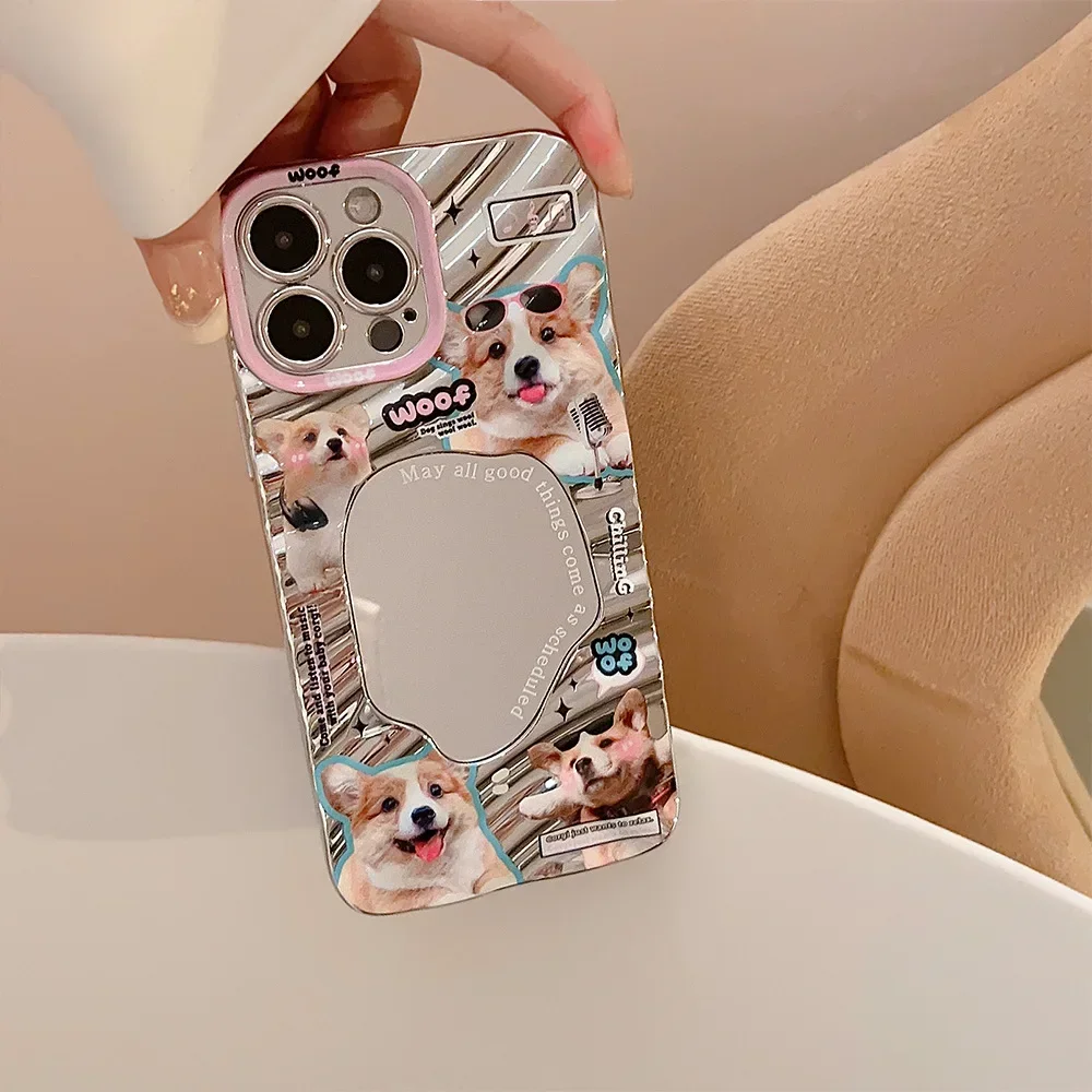 Stylish Plating  Wave Pattern Mirror Cartoon Puppy Dog Cover Case For iPhone 16 15 14 13 12 11 Pro Max 7 8 Plus X XR XS