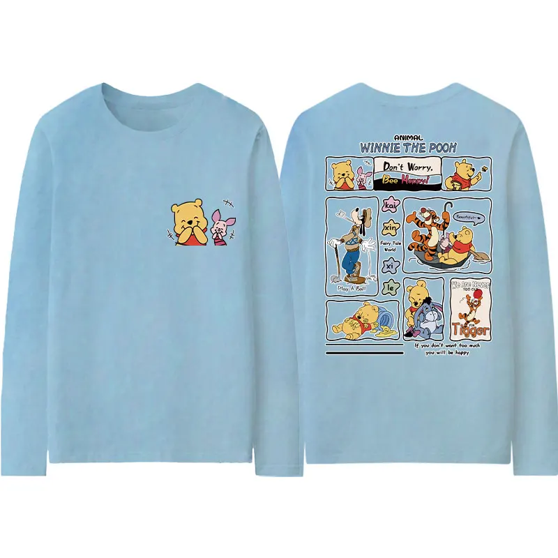 Cartoon Disney Winnie the Pooh T-shirt autumn pure cotton round neck long-sleeved women's top simple and loose women's T-shirt