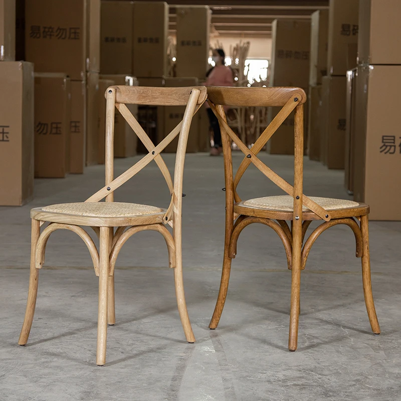 

Indoor furniture American Retro Solid Wood Dining Chair for Household, with Wooden Rattan Backrest & Casual Fork Back Design