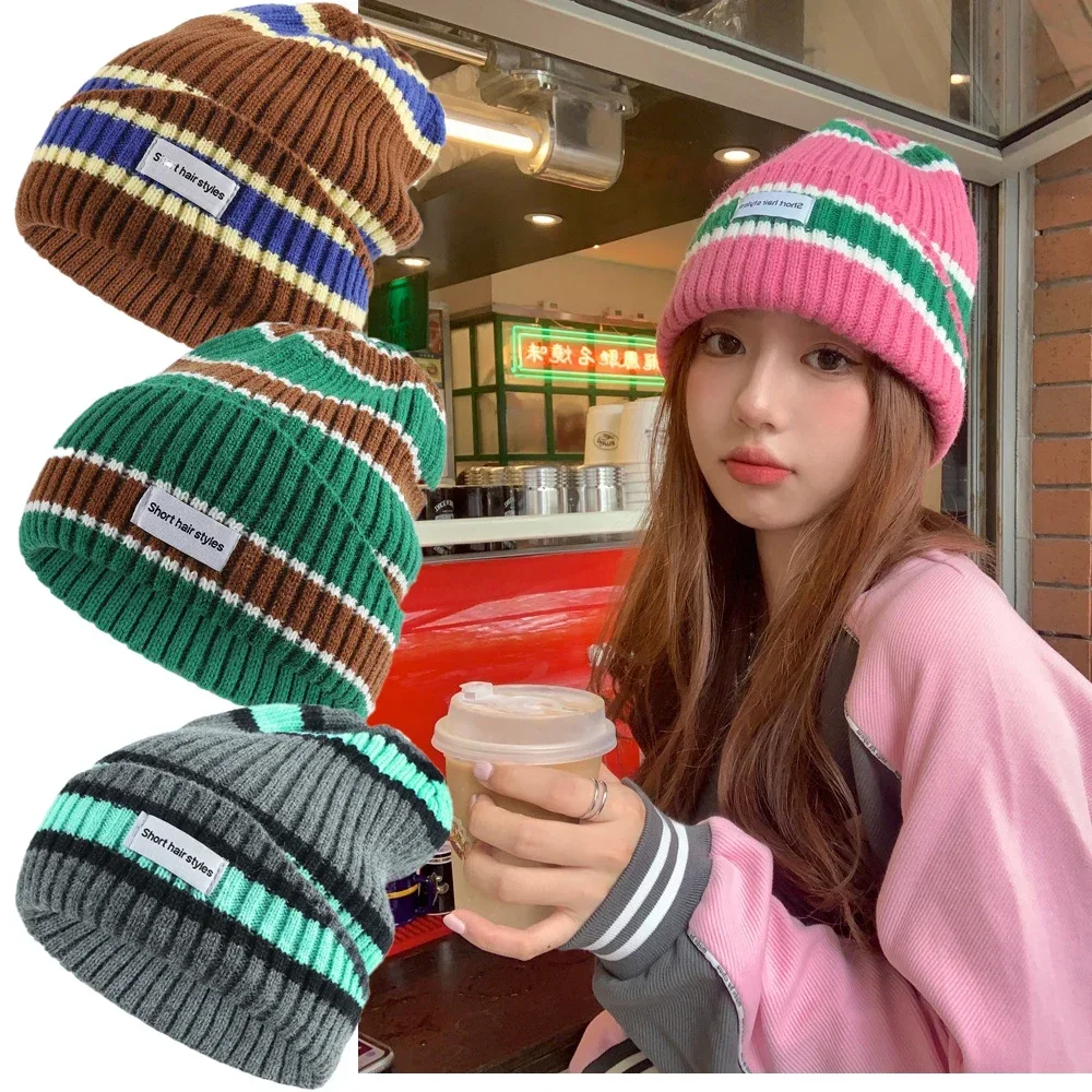 Rainbow Striped Beanies For Women Autumn Winter Warm Woolen Knitted Hat Ear Protection Skullies Melon Cap Korean kpop Bonnet