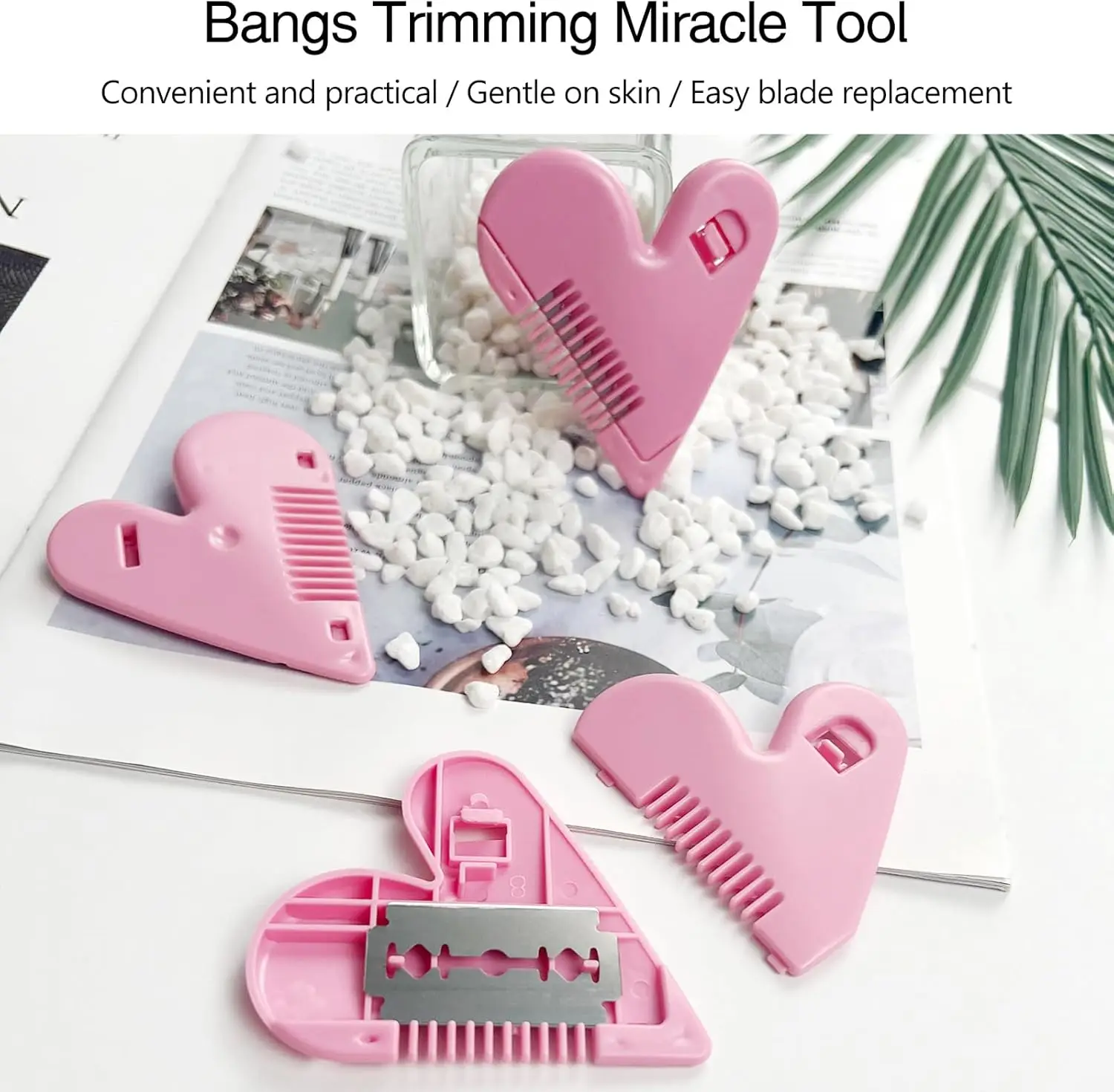 3Pcs Mini Hair Cutter Comb, Heart-Shaped Manual Bangs Trimmer for Kids, Women, Girls Cut Accessories, Pink